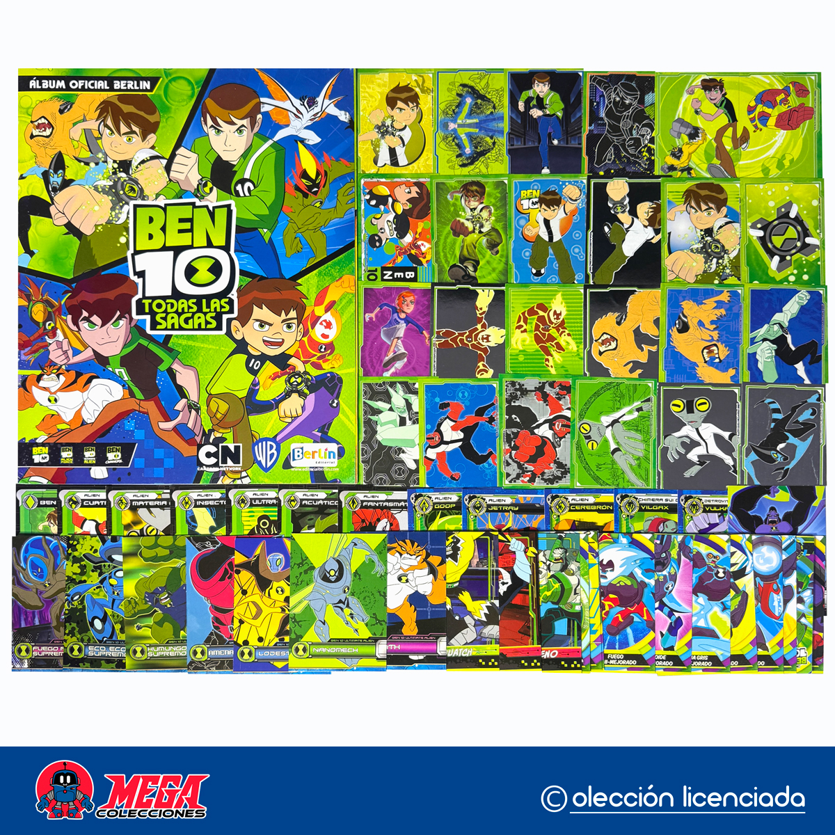 Álbum Ben 10 Todas las Sagas (Editorial Berlín) + Set completo de figuras para pegar y cards.